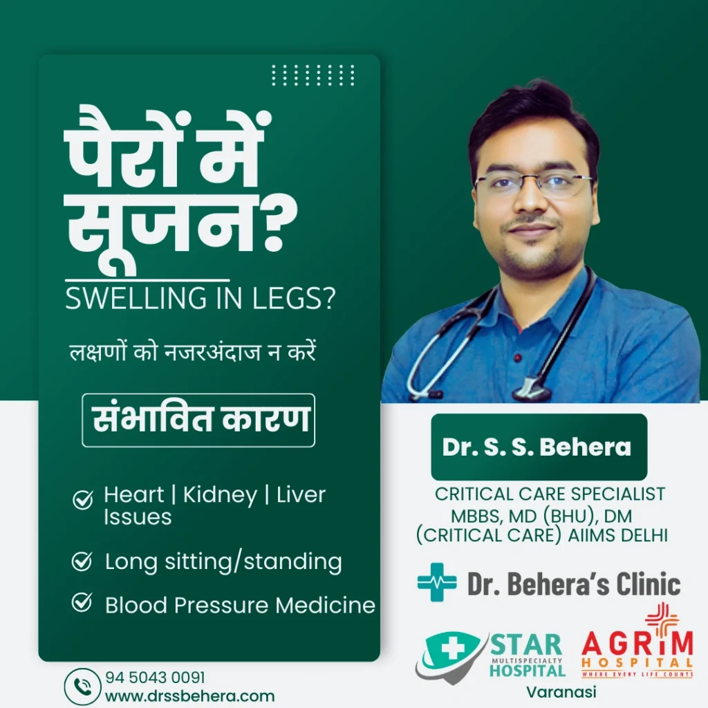 Swelling in Legs (पैरों में सूजन) awareness banner by multispeciality hospital featuring expert doctor. Highlights symptoms, causes like heart, kidney, liver issues, long standing/sitting, and BP medicine side effects. 24/7 emergency healthcare services, reliable diagnosis, and treatment.
