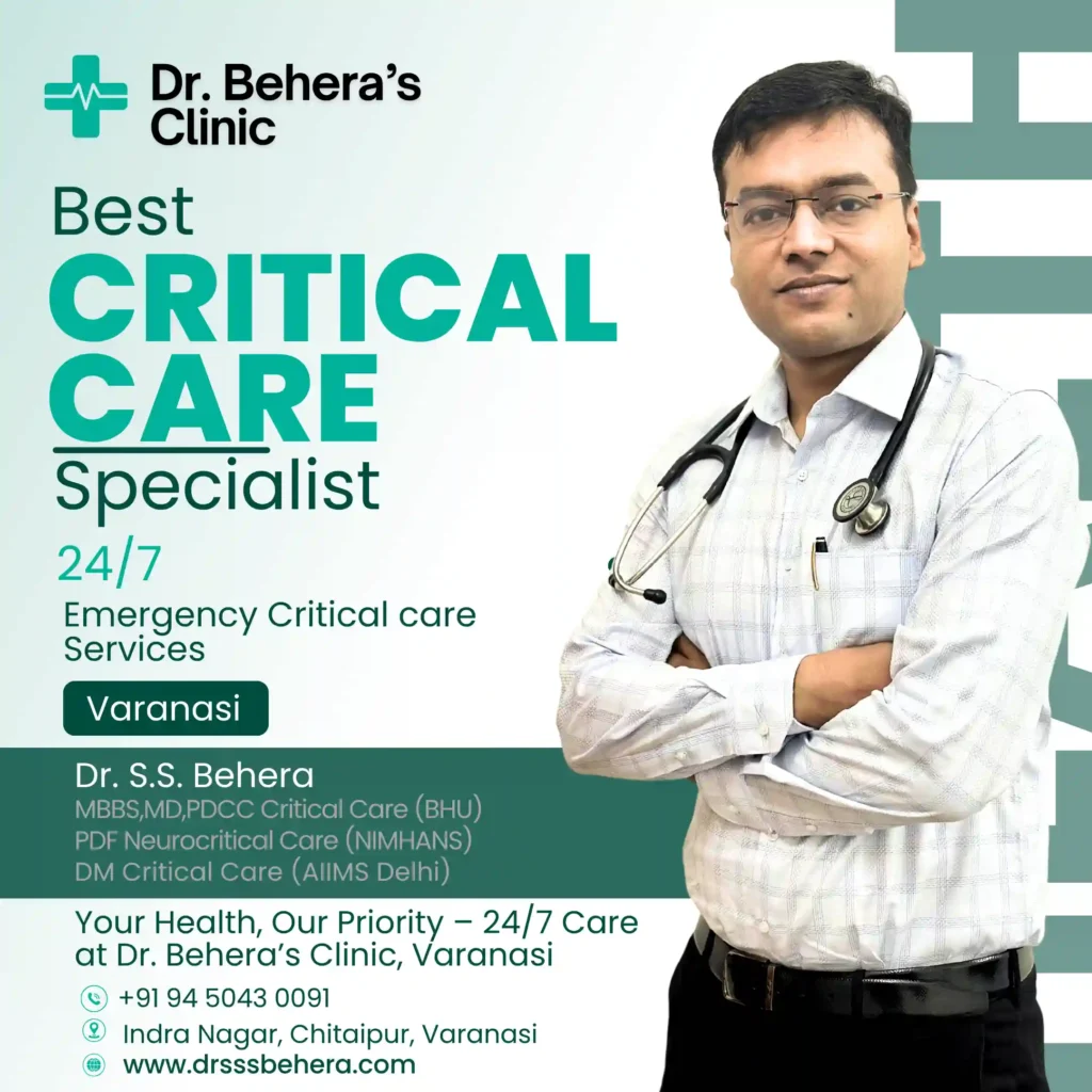 Best Critical Care Doctor in Varanasi, Dr. S.S. Behera standing confidently in clinic promotional poster offering 24/7 health services, outdoor checkup, emergency services, and screening.