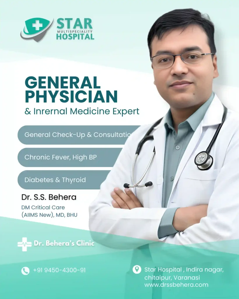 Dr. S.S. Behera, the best physician in Varanasi, conducting general medicine OPD consultation at Star Hospital Chitaipur.