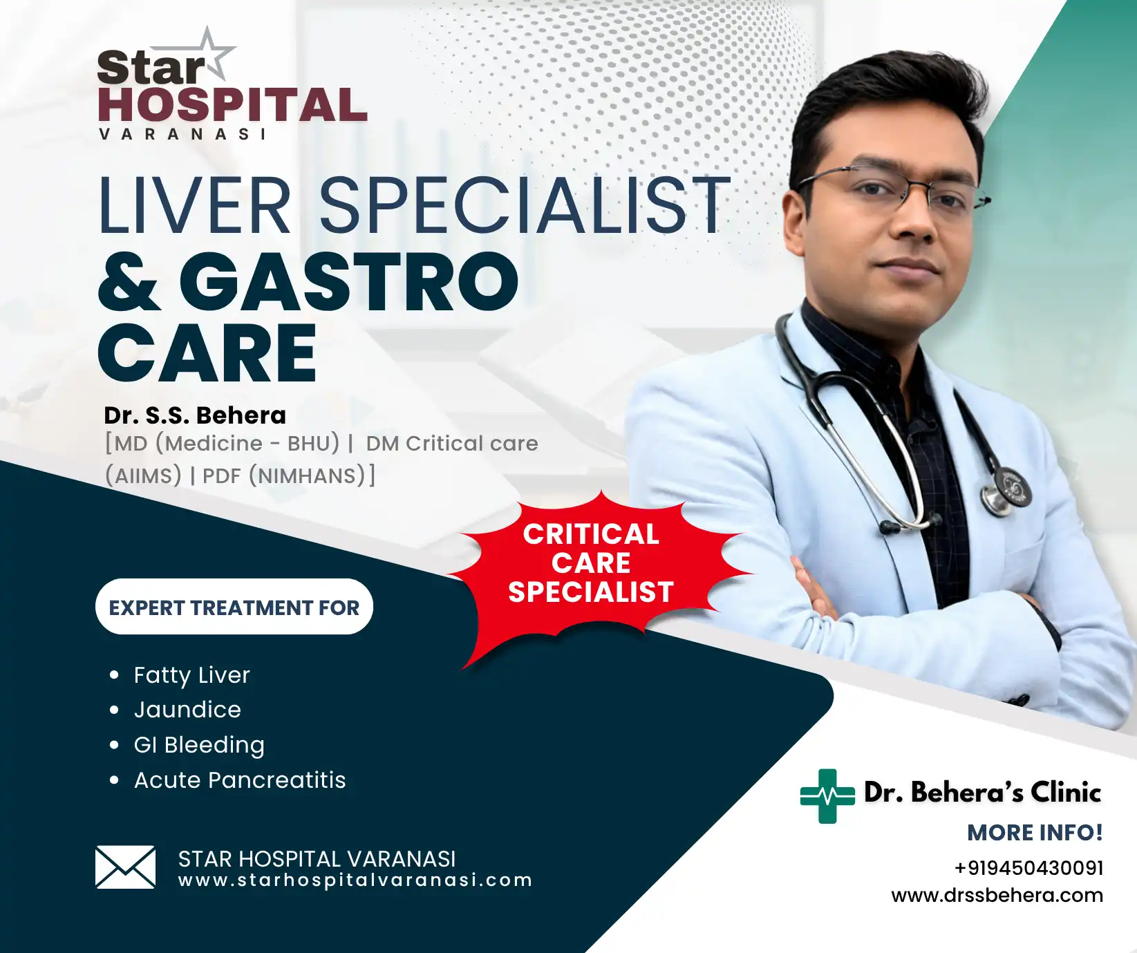 Dr. S.S. Behera, the best liver specialist doctor in Varanasi, examining gastrointestinal and liver emergency diagnostic reports at Star Hospital Chitaipur.